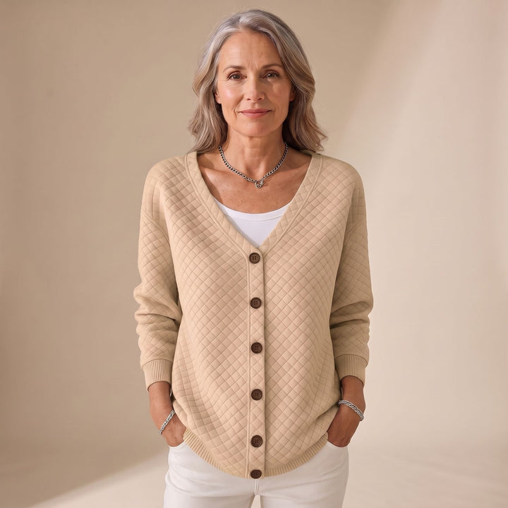 Women's Diamond Quilted V-Neck Button-Front Cardigan - Khaki