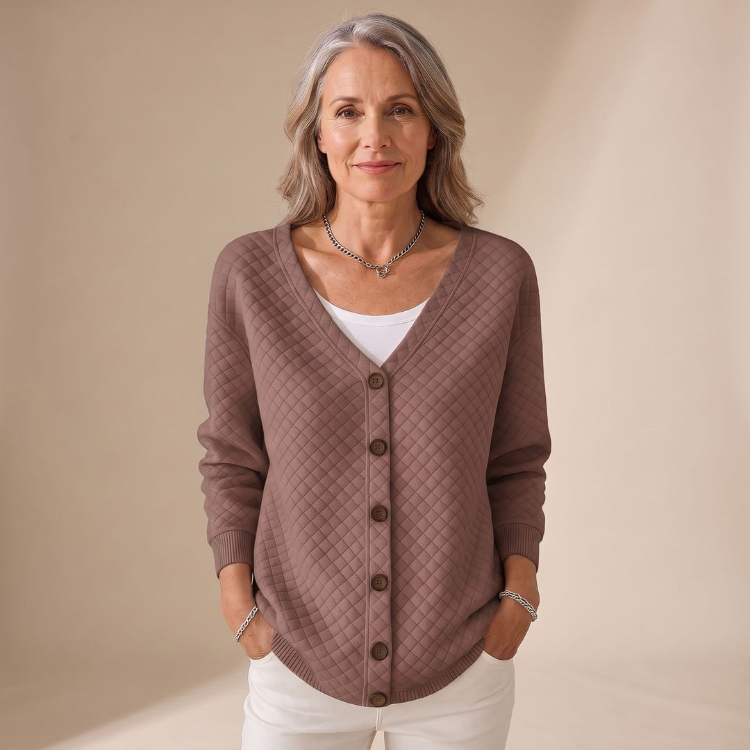 Women's Diamond Quilted V-Neck Button-Front Cardigan - Brown
