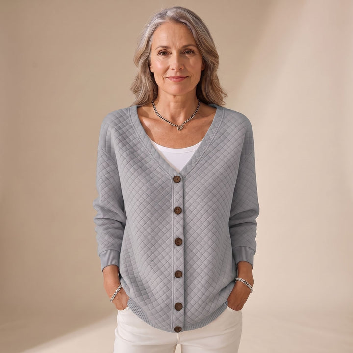 Women's Diamond Quilted V-Neck Button-Front Cardigan - Gray