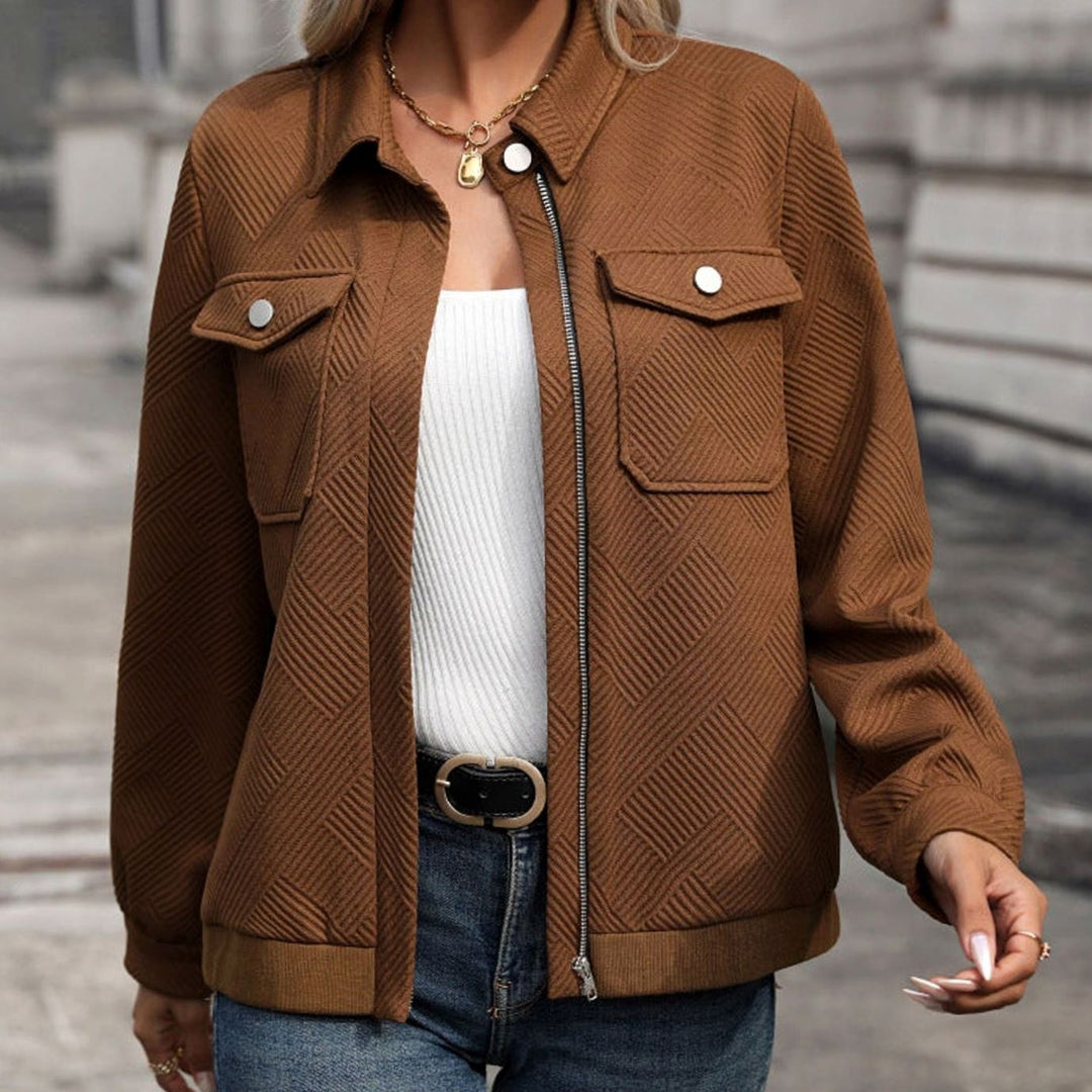 Women's Diamond-Quilted Zip-Up Long-Sleeve Jacket Chest Pockets