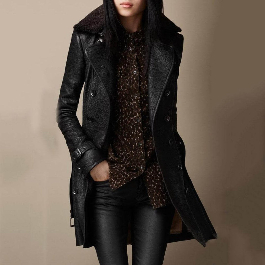 Women's Double-Breasted 3/4 Length Shearling-Collar Leather Jacket