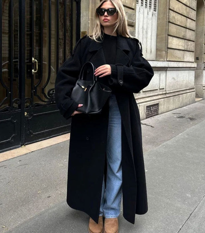 Women's Double-Breasted Belted Long Trench Coat - Black