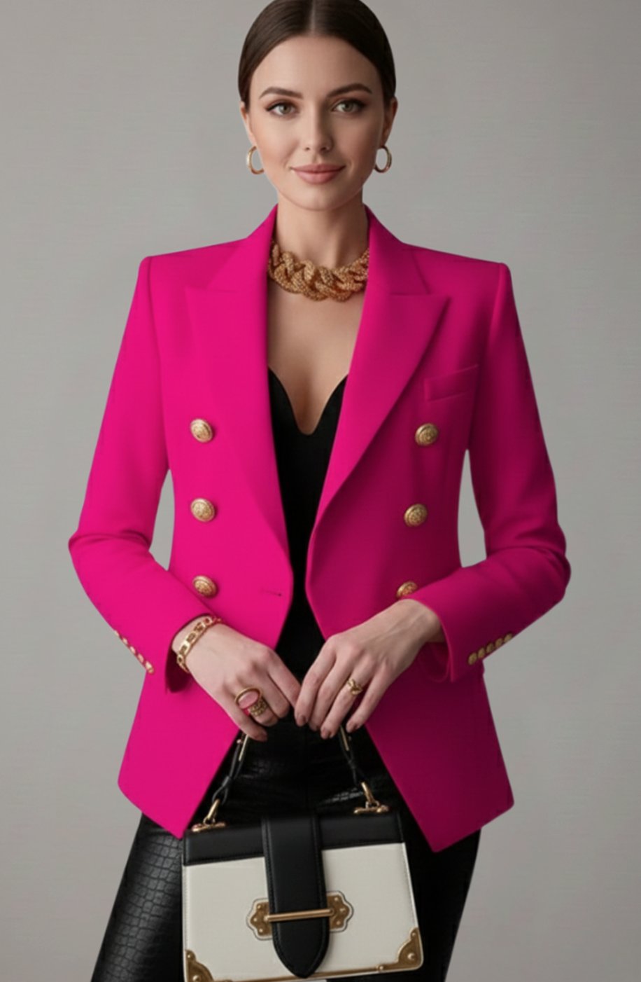 Women's Double-Breasted Gold-Button Tailored Blazer - Pink