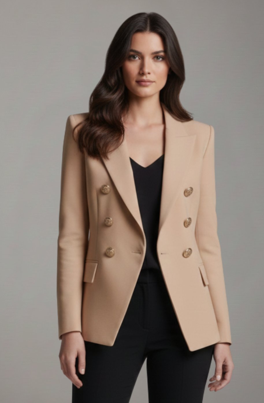 Women's Double-Breasted Gold-Button Tailored Blazer - Khaki