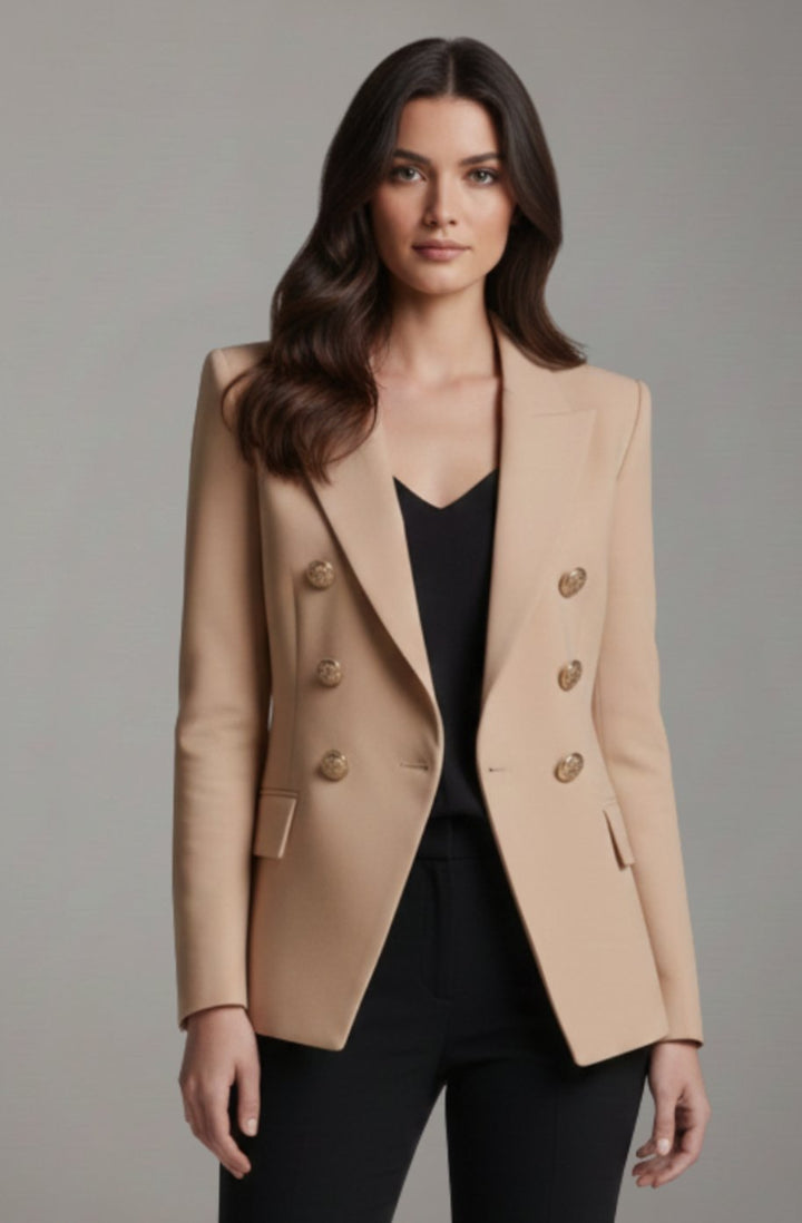 Women's Double-Breasted Gold-Button Tailored Blazer - Khaki