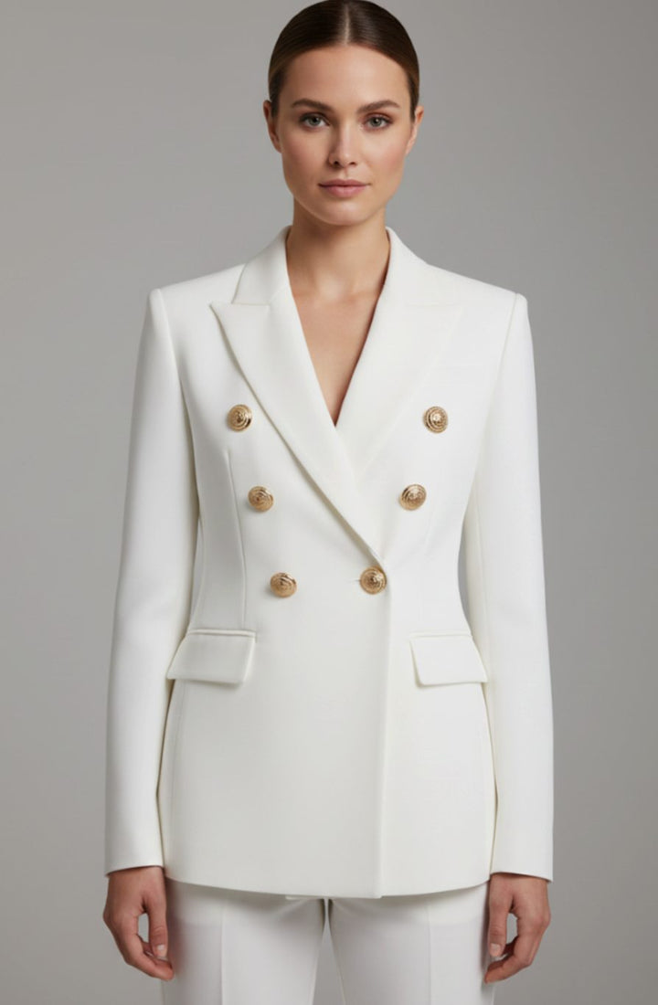 Women's Double-Breasted Gold-Button Tailored Blazer - White
