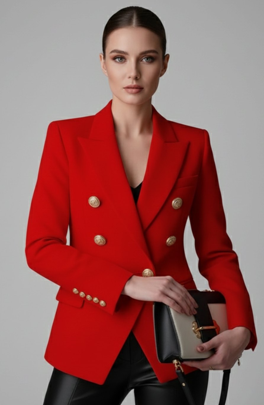 Women's Double-Breasted Gold-Button Tailored Blazer - Red