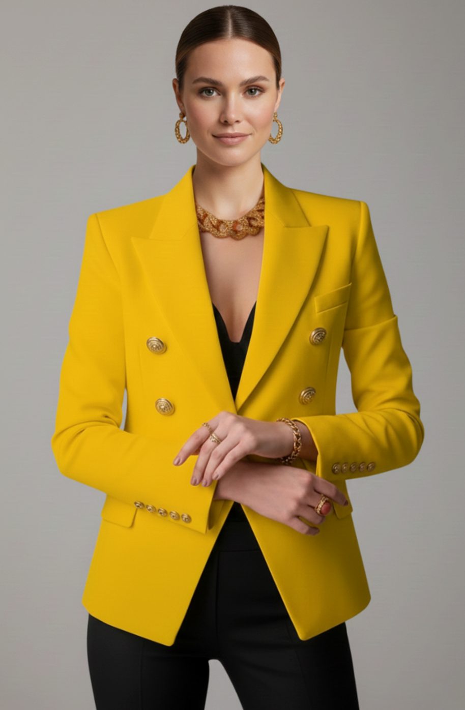 Women's Double-Breasted Gold-Button Tailored Blazer - Yellow