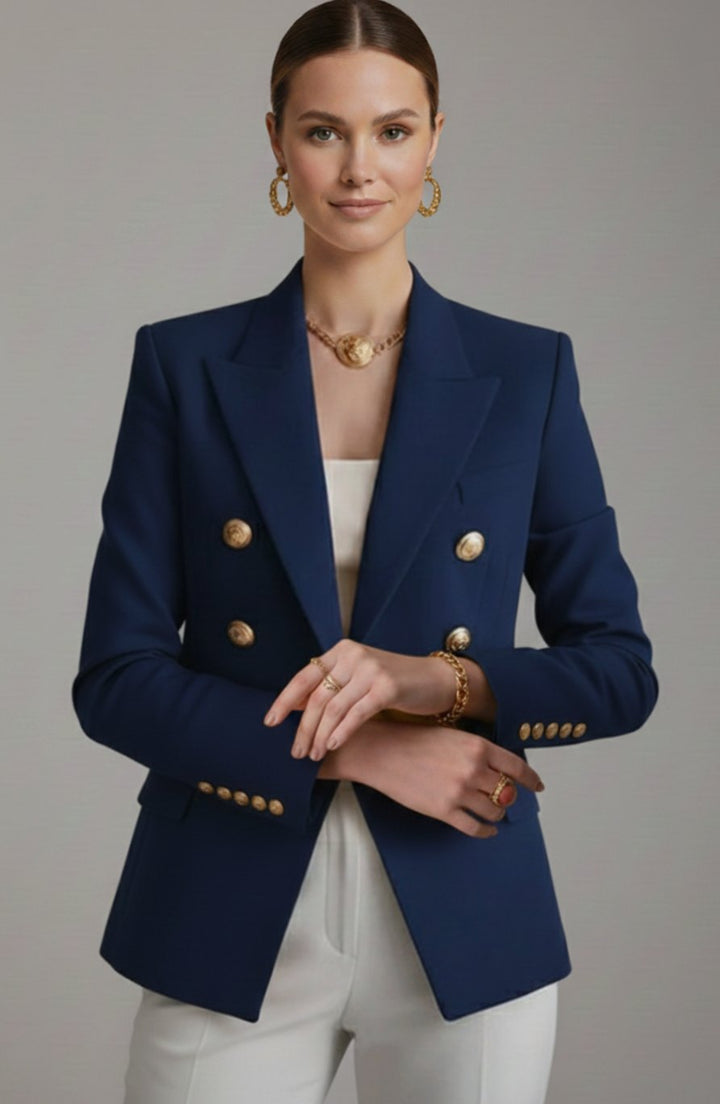Women's Double-Breasted Gold-Button Tailored Blazer - Black