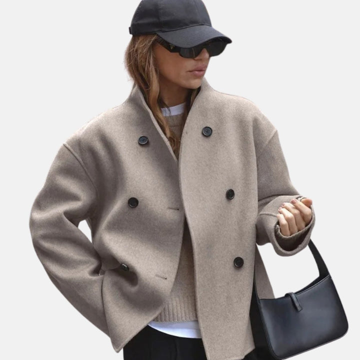 Women's Double-Breasted Hip-Length Winter Coat Long Sleeves - Brown