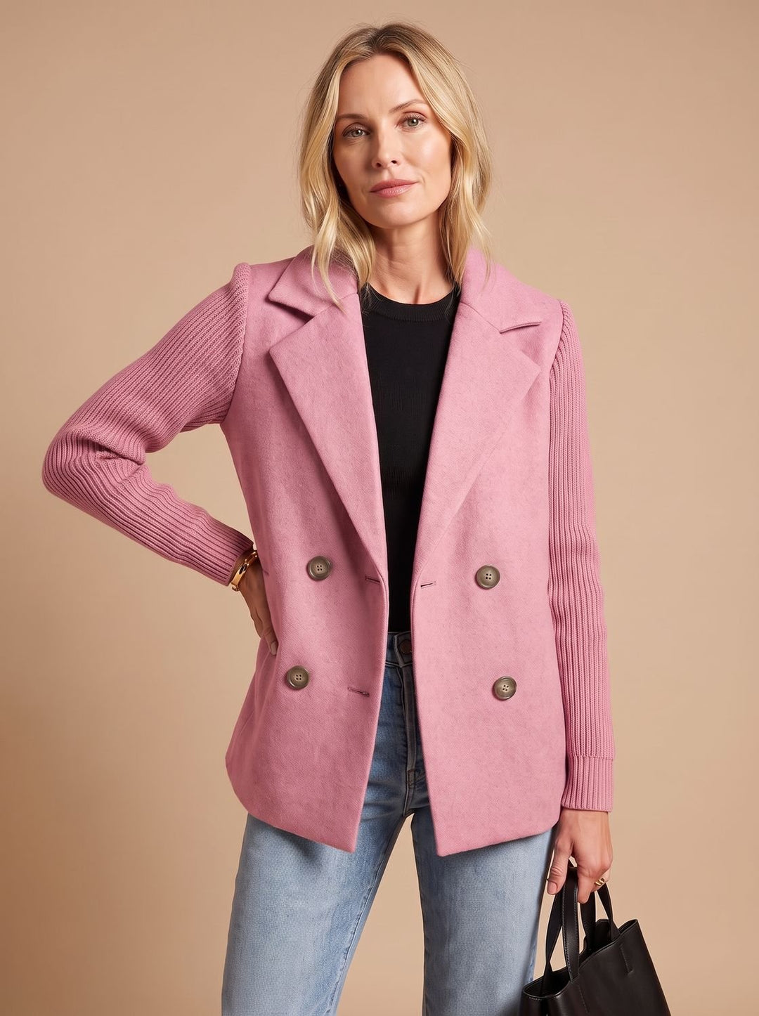 Women's Double-Breasted Knit-Sleeve Tailored Blazer - Pink