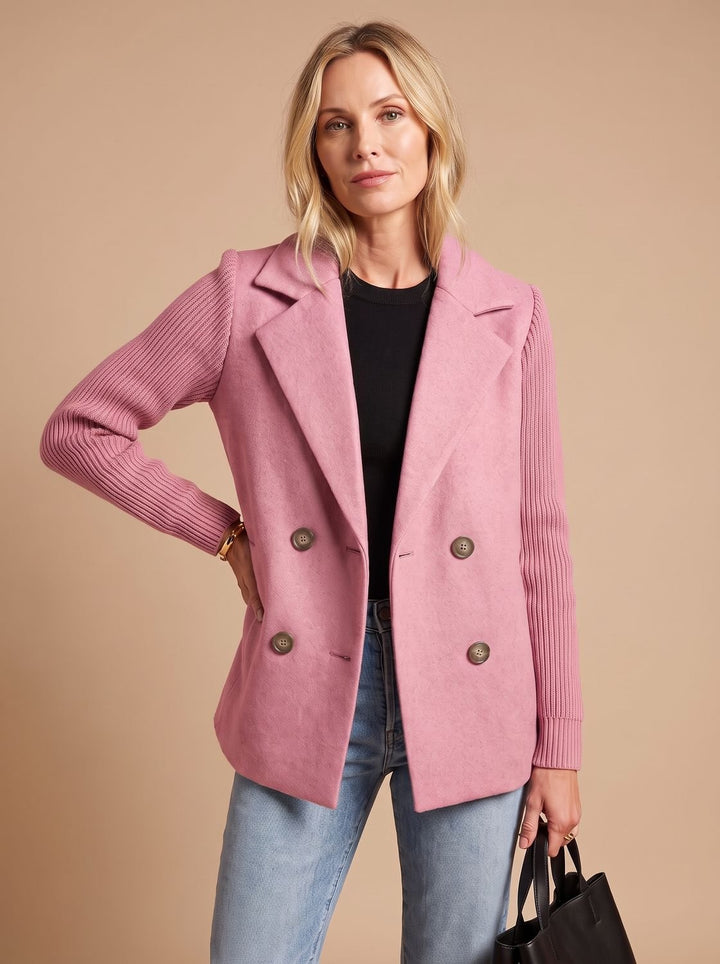 Women's Double-Breasted Knit-Sleeve Tailored Blazer - Pink