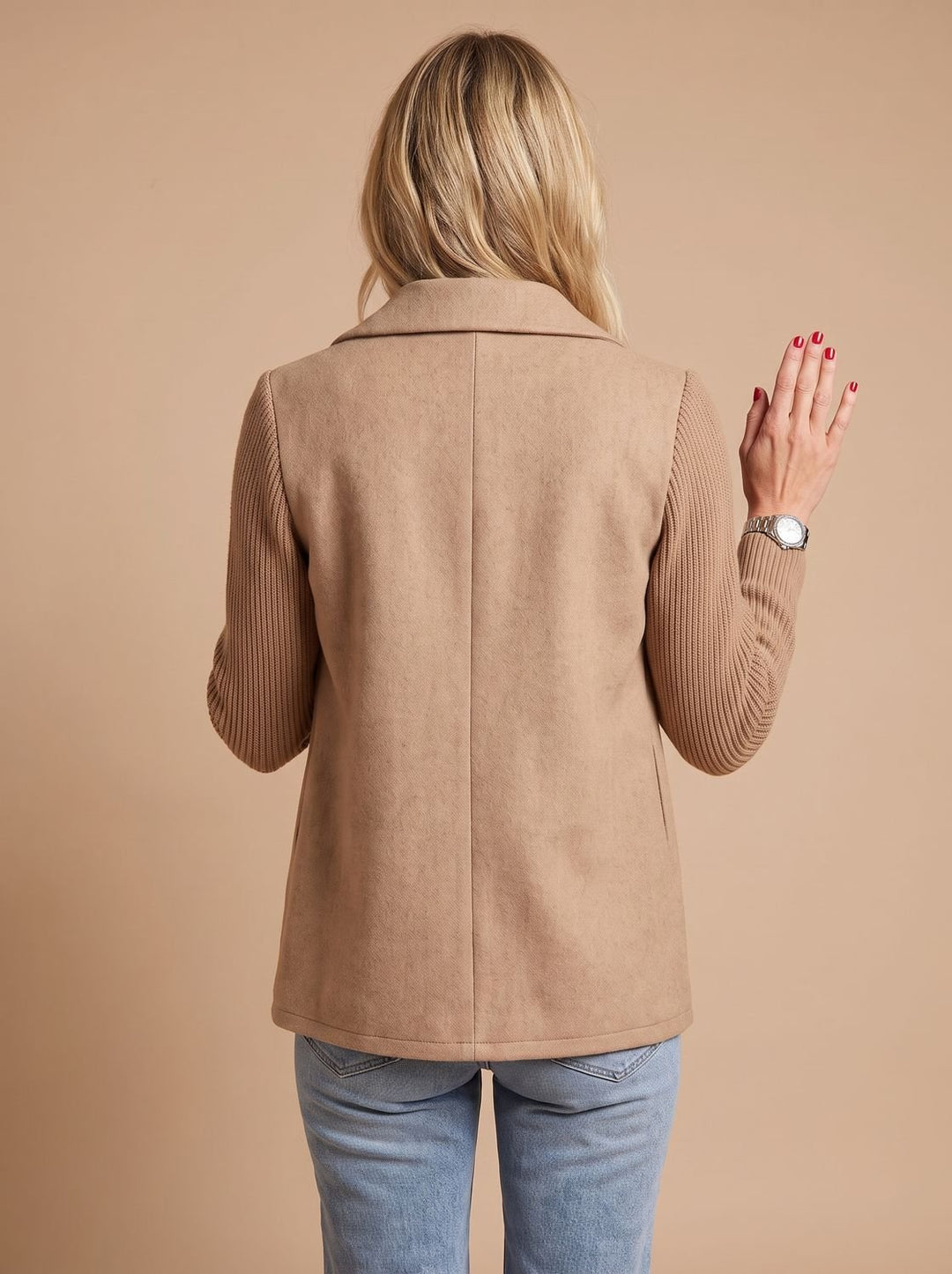Women's Double-Breasted Knit-Sleeve Tailored Blazer