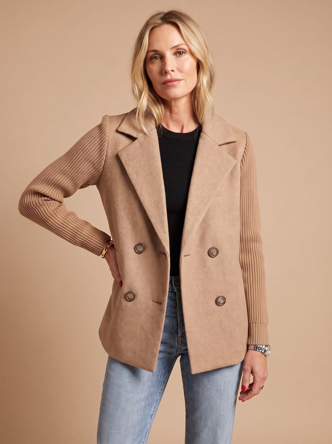 Women's Double-Breasted Knit-Sleeve Tailored Blazer