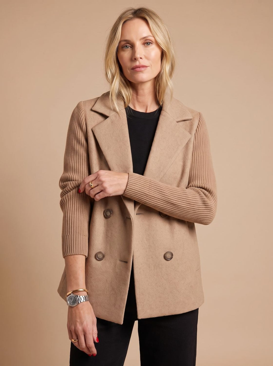 Women's Double-Breasted Knit-Sleeve Tailored Blazer
