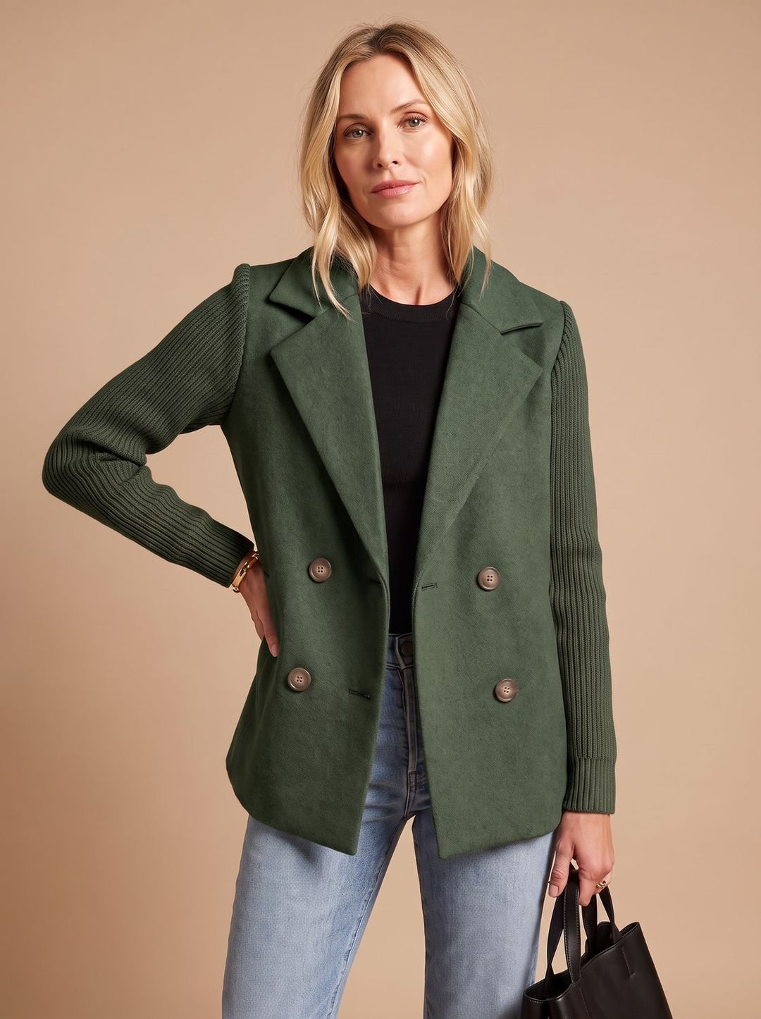 Women's Double-Breasted Knit-Sleeve Tailored Blazer - Green