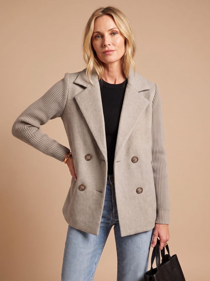 Women's Double-Breasted Knit-Sleeve Tailored Blazer - Gray