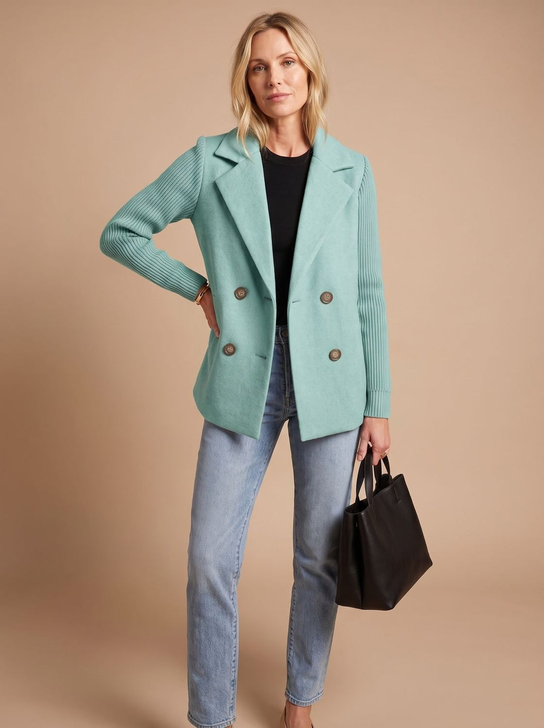 Women's Double-Breasted Knit-Sleeve Tailored Blazer - Light Blue