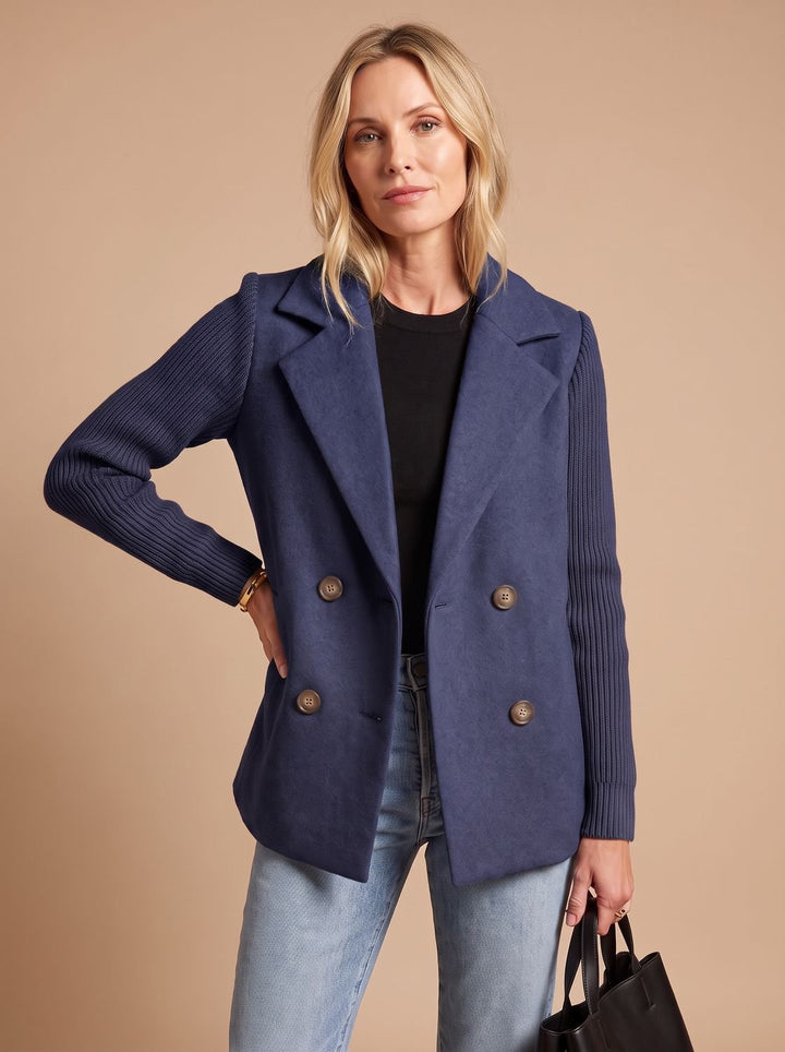 Women's Double-Breasted Knit-Sleeve Tailored Blazer - Blue