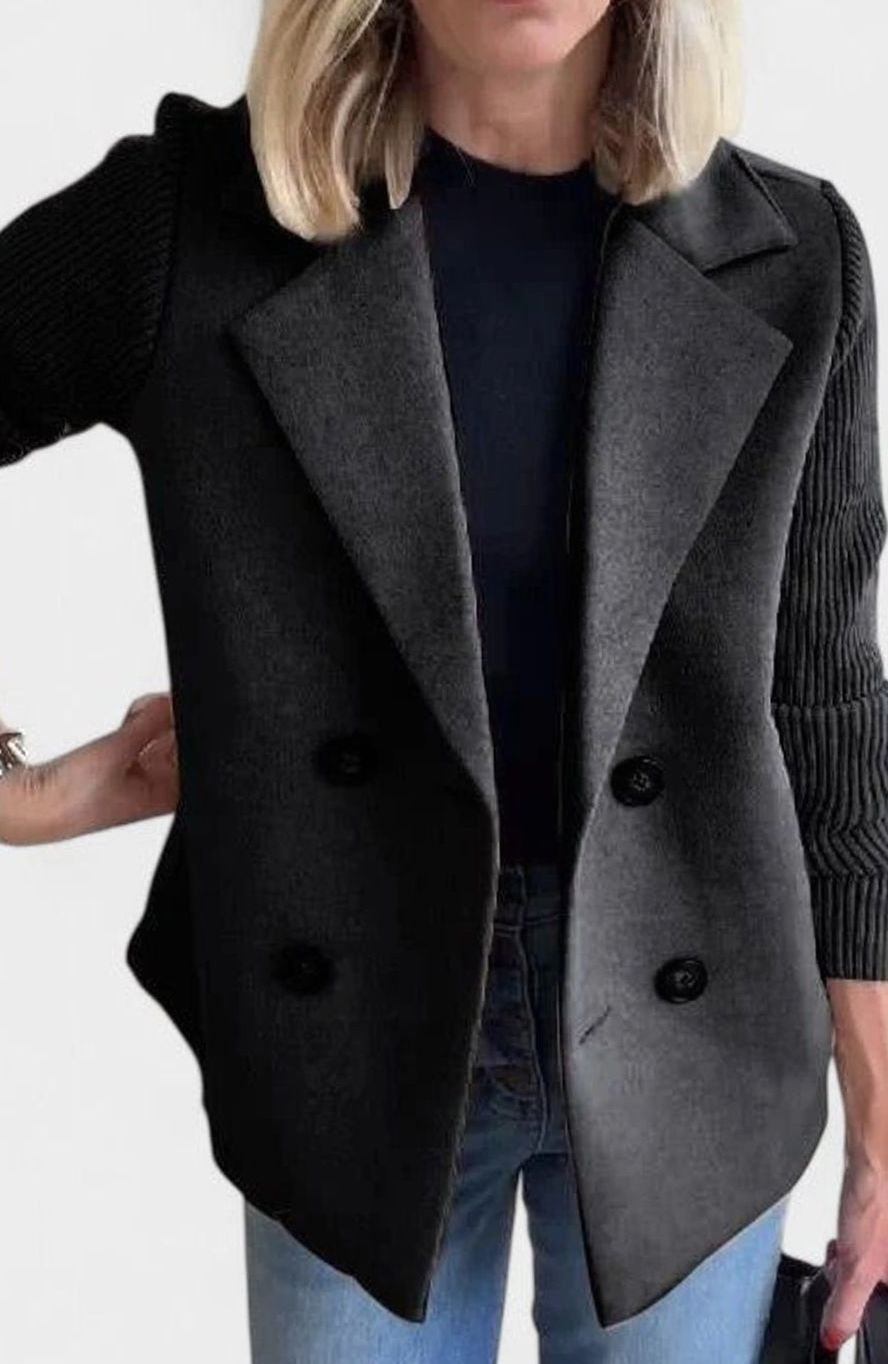 Women's Double-Breasted Knit-Sleeve Tailored Blazer - Black