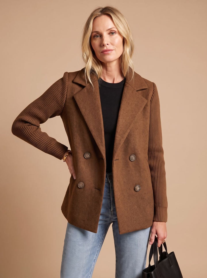 Women's Double-Breasted Knit-Sleeve Tailored Blazer - Dark Brown