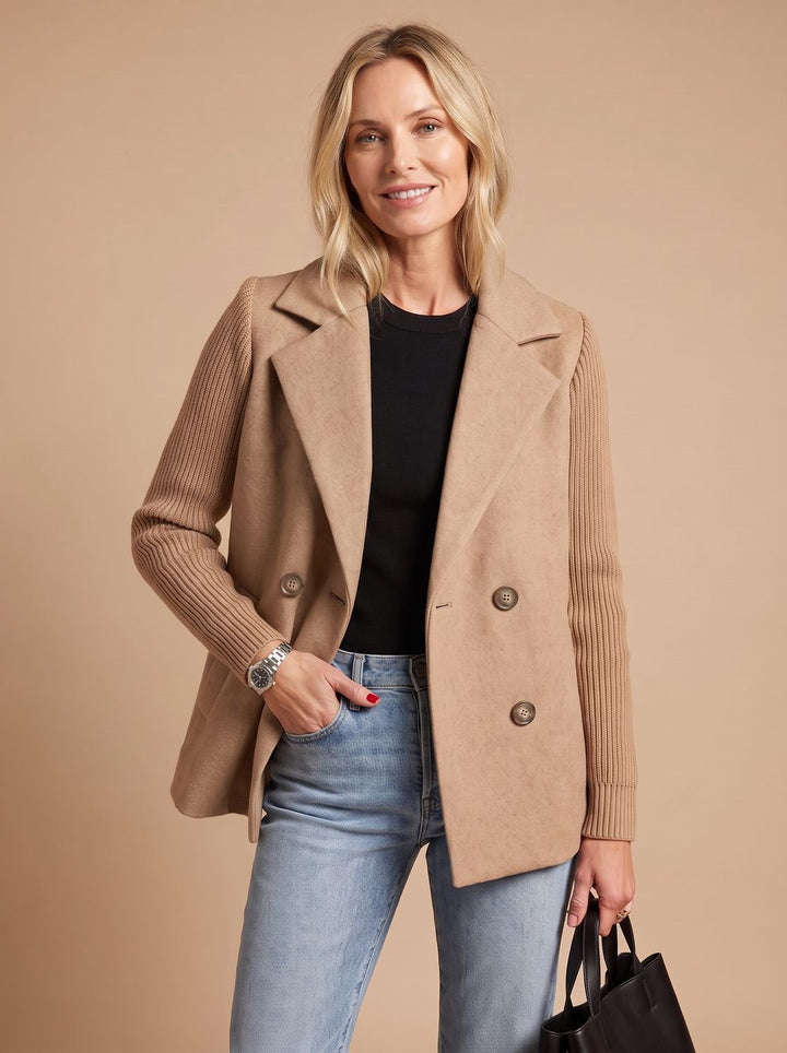 Women's Double-Breasted Knit-Sleeve Tailored Blazer - Khaki