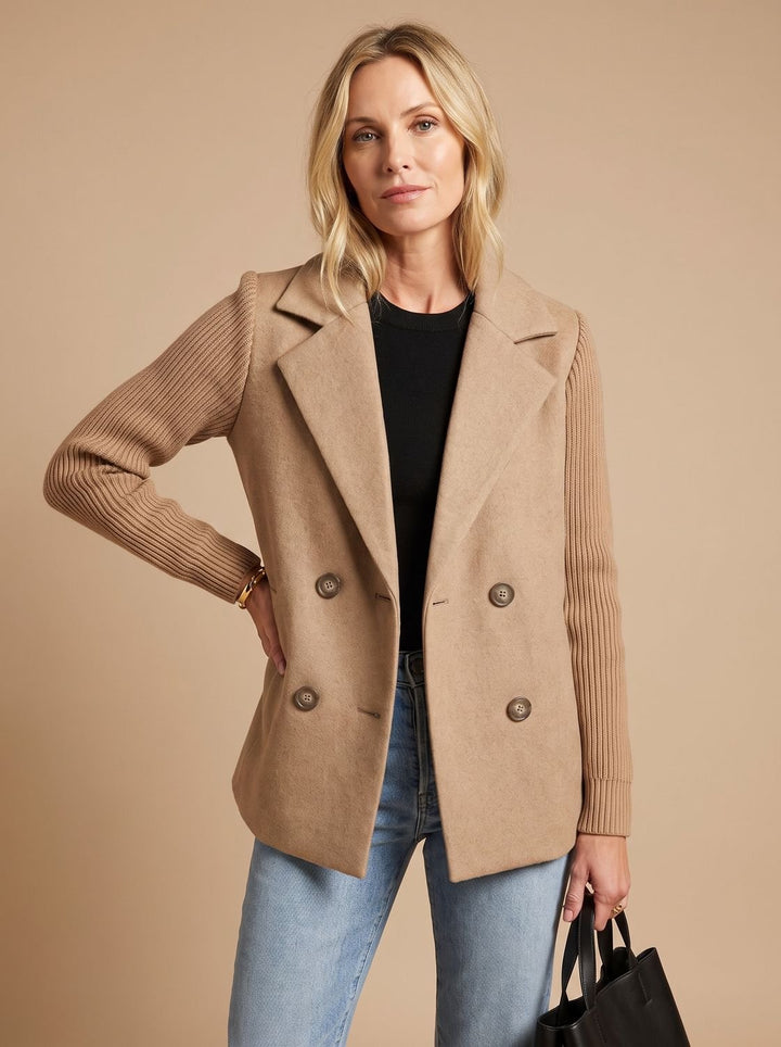 Women's Double-Breasted Knit-Sleeve Tailored Blazer - Brown