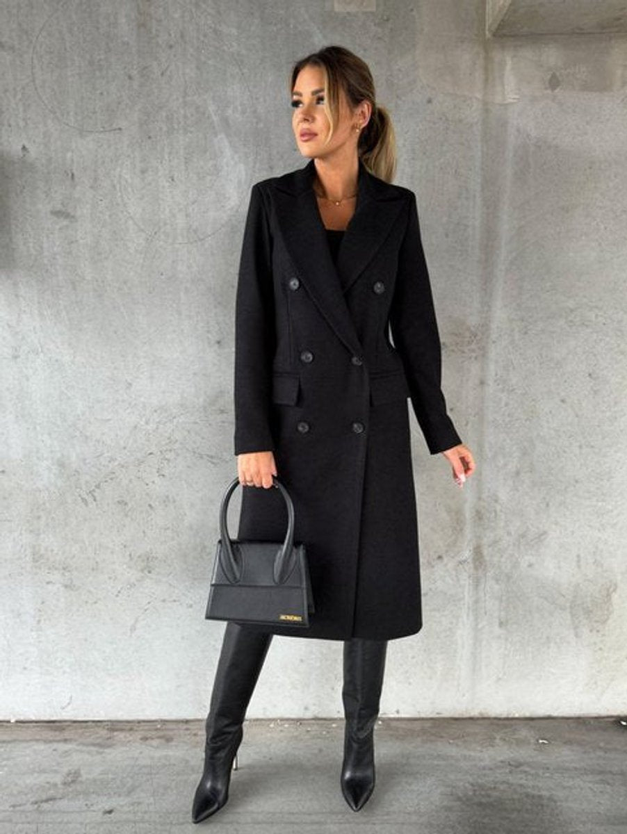 Women's Double-Breasted Long-Sleeve Midi Coat - Black