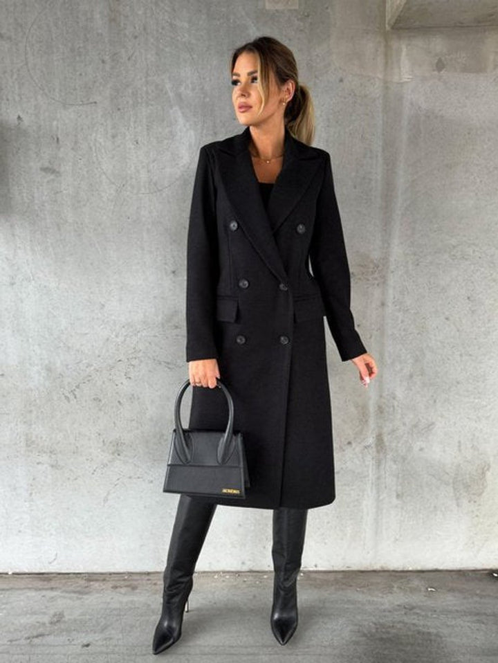 Women's Double-Breasted Long-Sleeve Midi Coat - Black