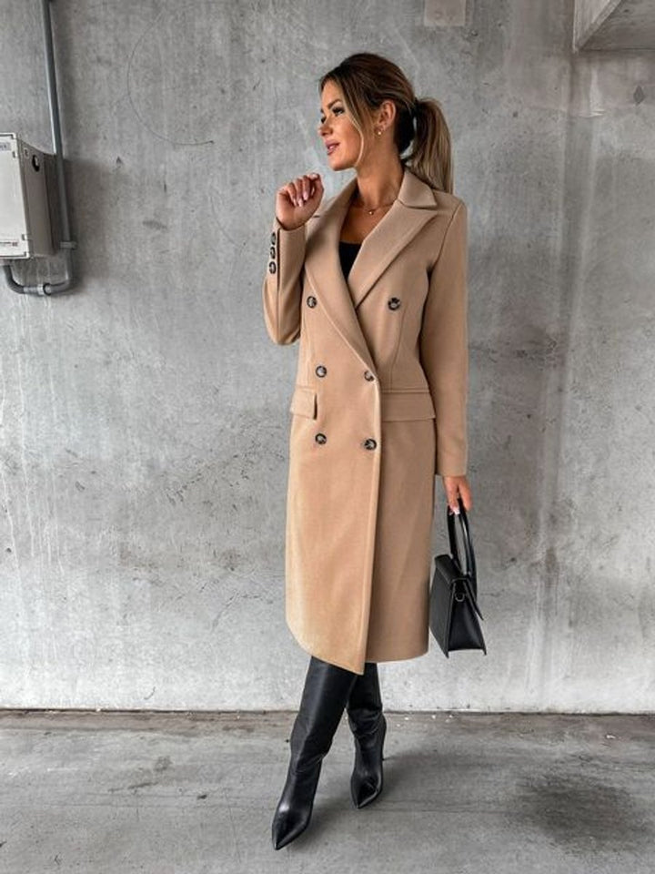 Women's Double-Breasted Long-Sleeve Midi Coat - Khaki
