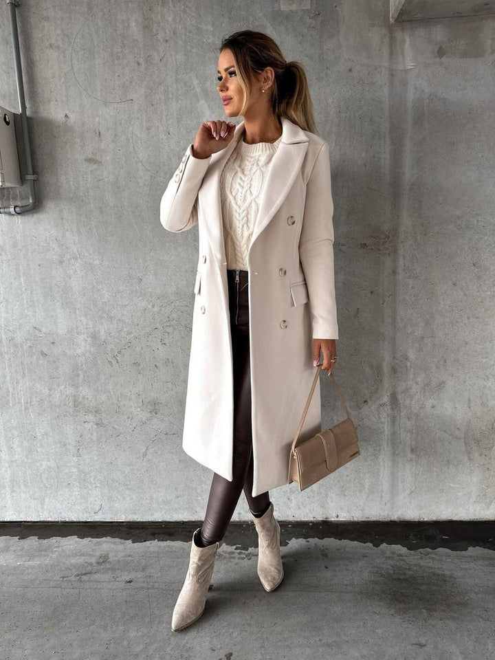 Women's Double-Breasted Long-Sleeve Midi Coat - Beige