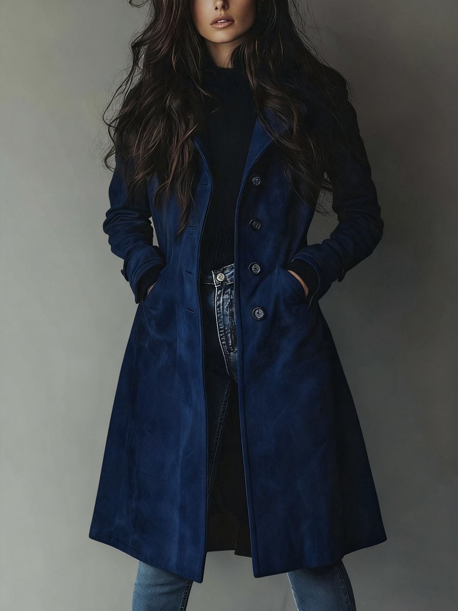 Women's Double-Breasted Longline Tailored Trench Coat - Dark Blue