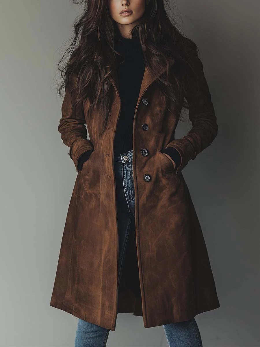 Women's Double-Breasted Longline Tailored Trench Coat - Brown