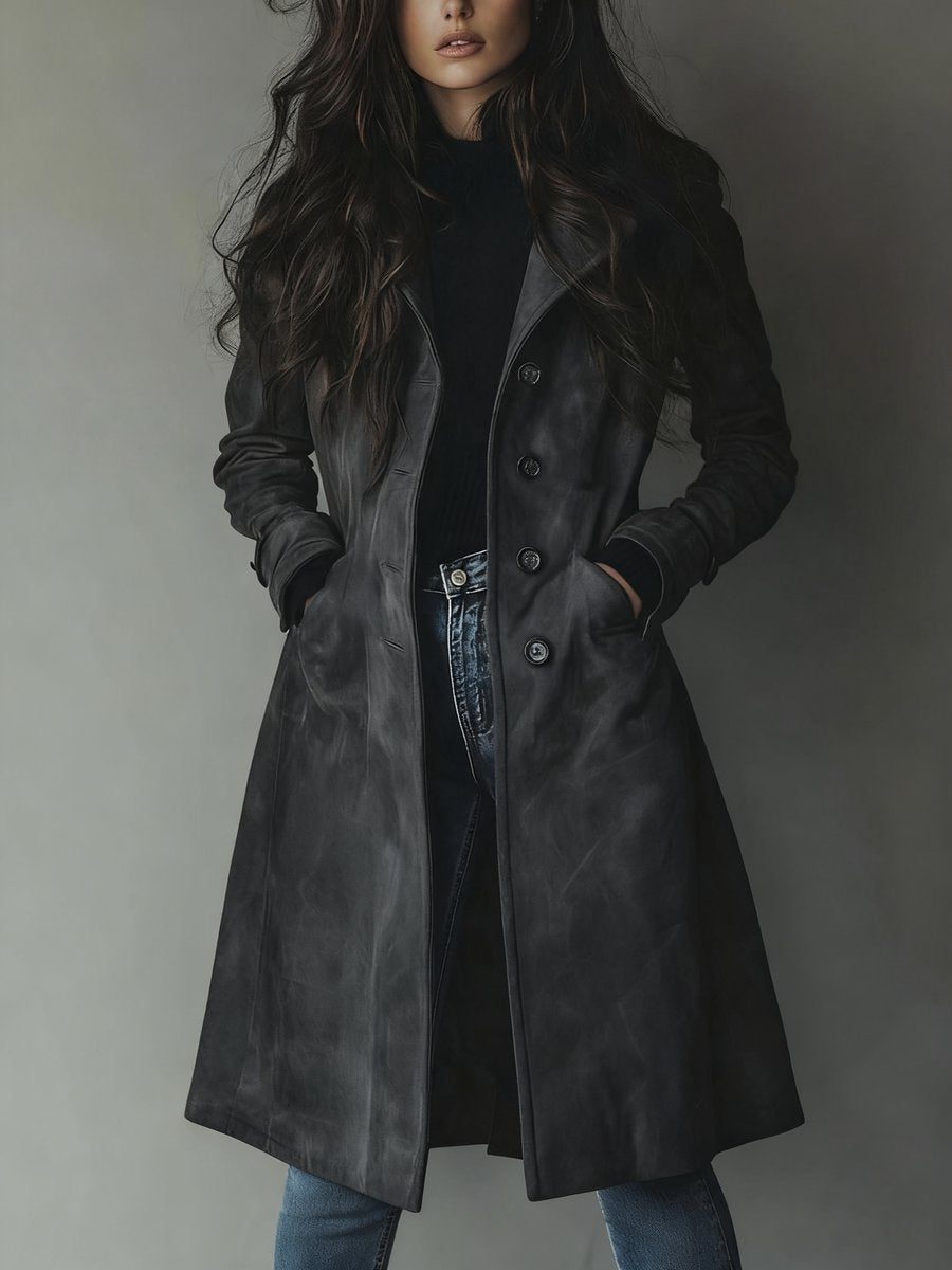 Women's Double-Breasted Longline Tailored Trench Coat - Dark Grey