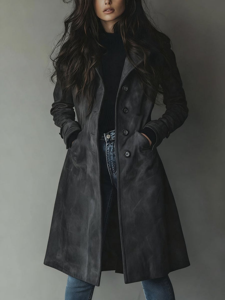 Women's Double-Breasted Longline Tailored Trench Coat - Dark Grey