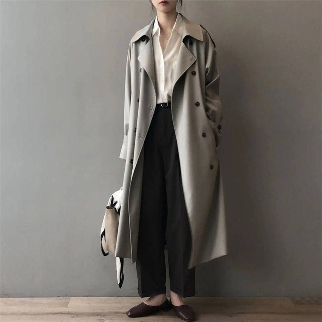 Women's Double-Breasted Longline Water-Repellent Trench Coat - Gray