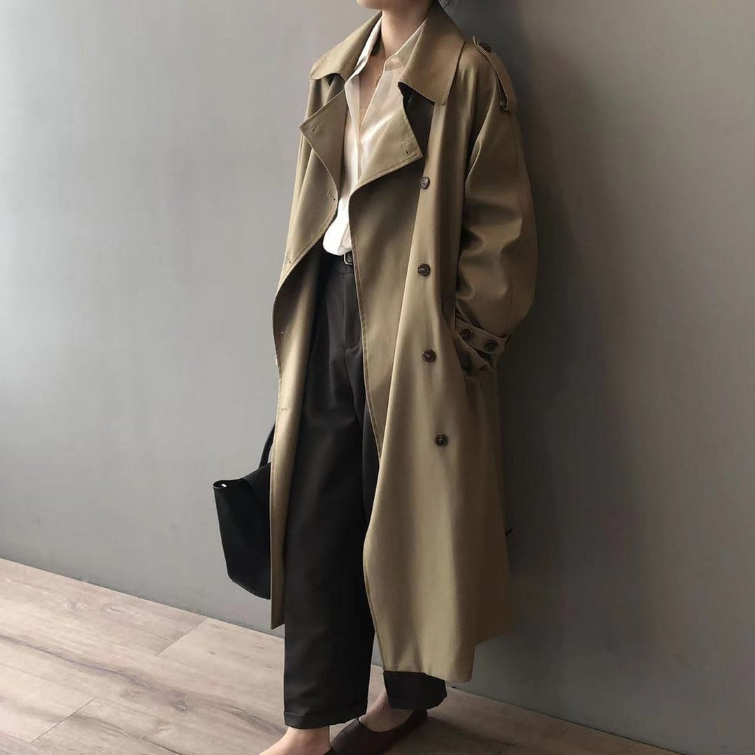 Women's Double-Breasted Longline Water-Repellent Trench Coat - Khaki