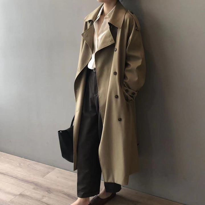 Women's Double-Breasted Longline Water-Repellent Trench Coat - Khaki