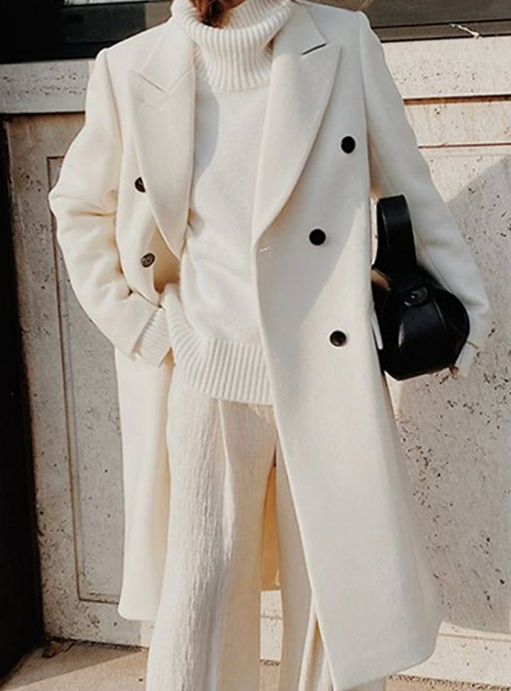 Women's Double-Breasted Longline Winter Coat Wide Lapels - White