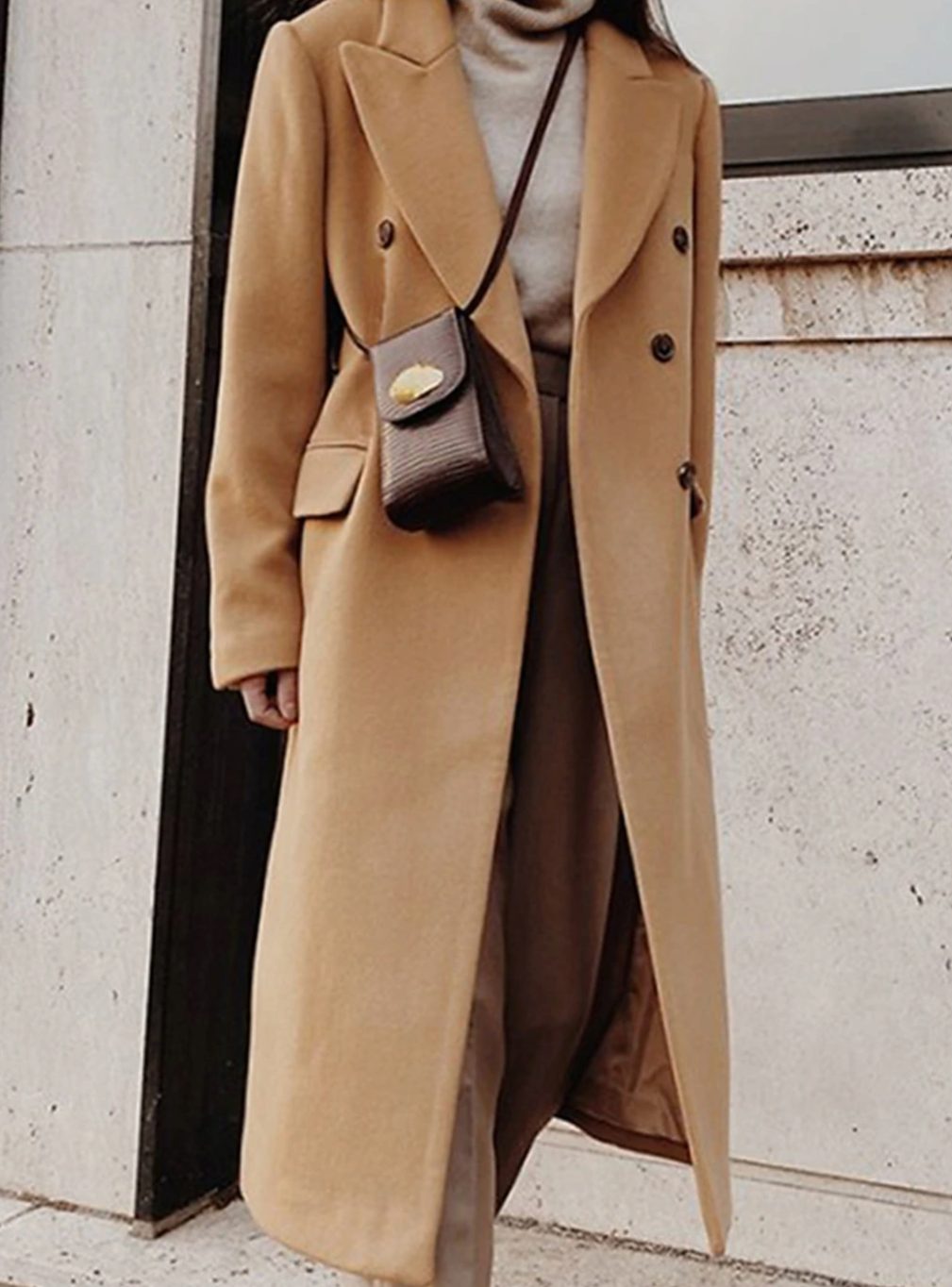 Women's Double-Breasted Longline Winter Coat Wide Lapels - Khaki