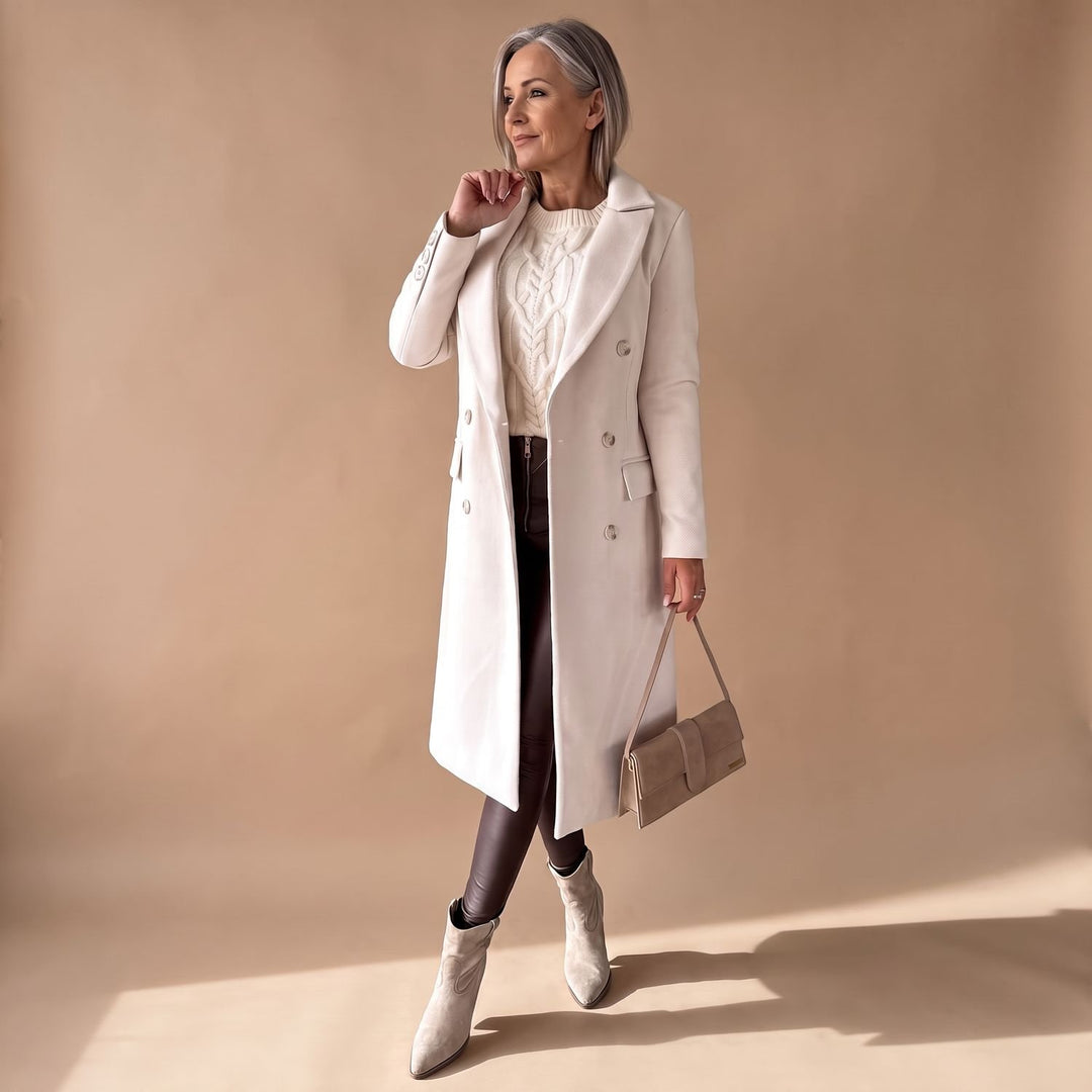 Women's Double-Breasted Longline Wool Coat Midi Overcoat - Beige