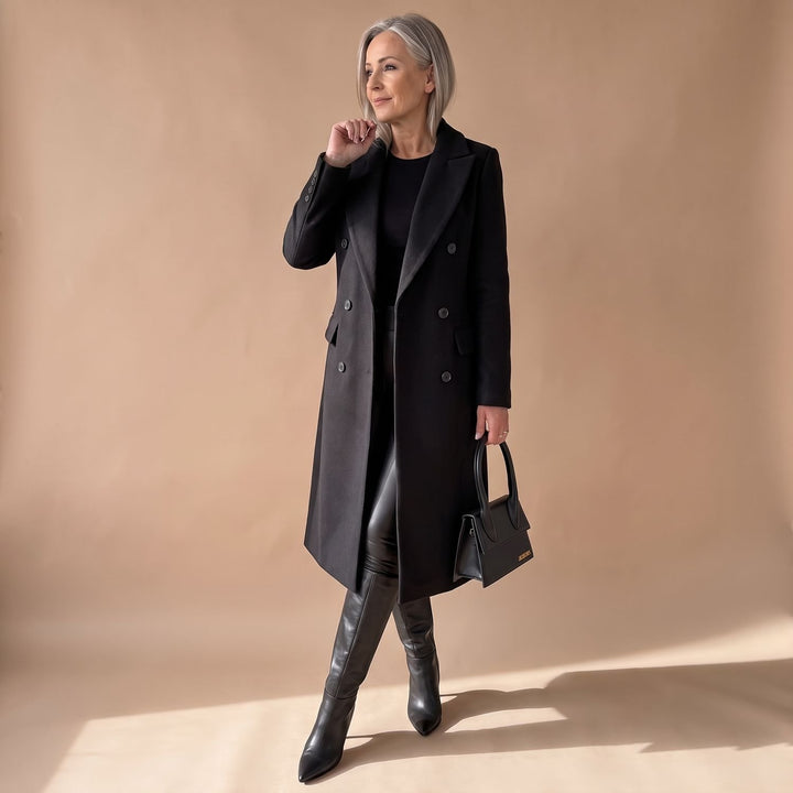 Women's Double-Breasted Longline Wool Coat Midi Overcoat - Black