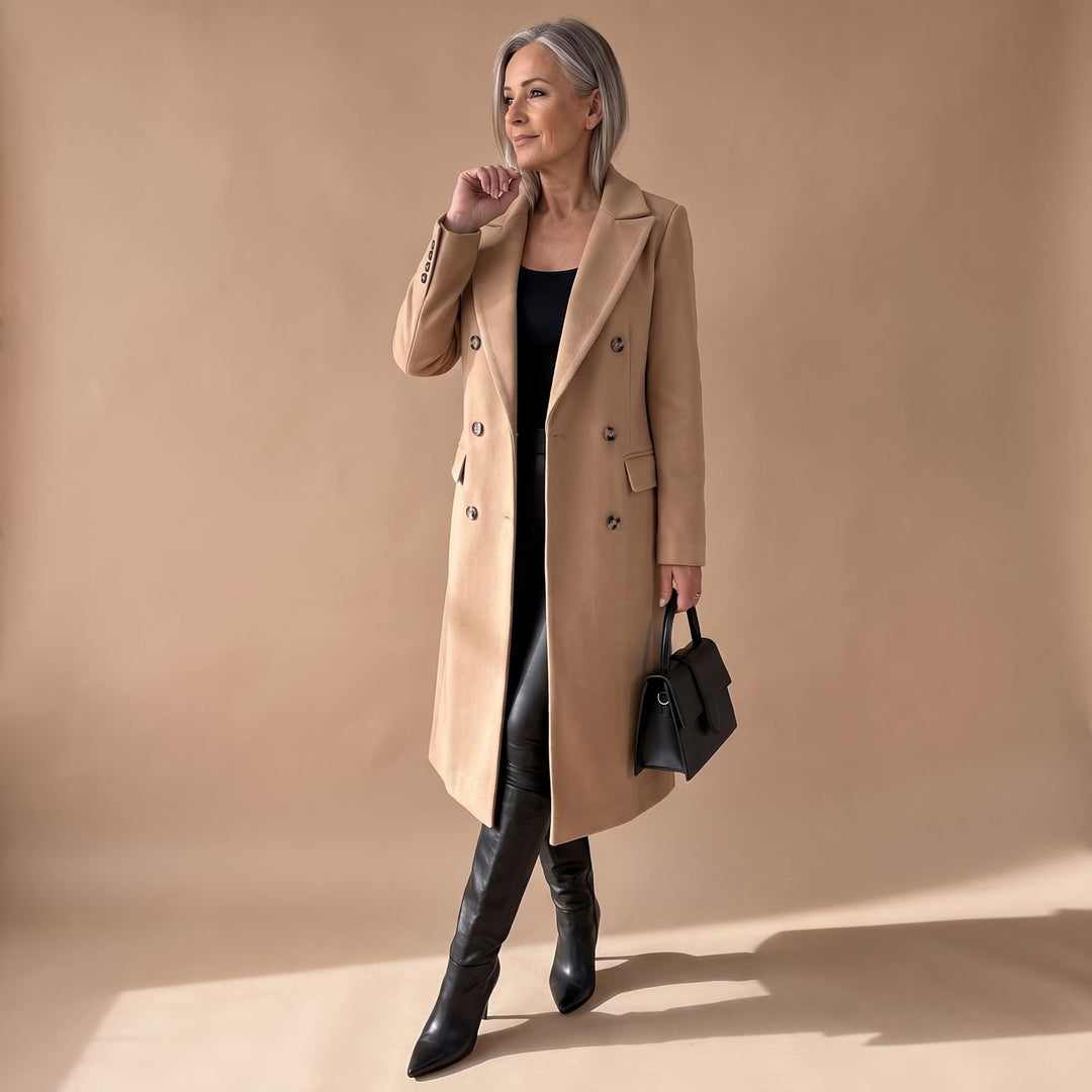 Women's Double-Breasted Longline Wool Coat Midi Overcoat - Khaki