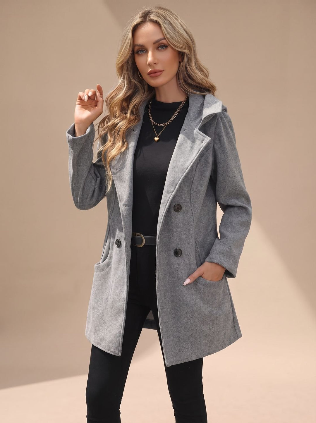 Women's Double-Breasted Notch-Lapel Wool-Blend Coat - Gray