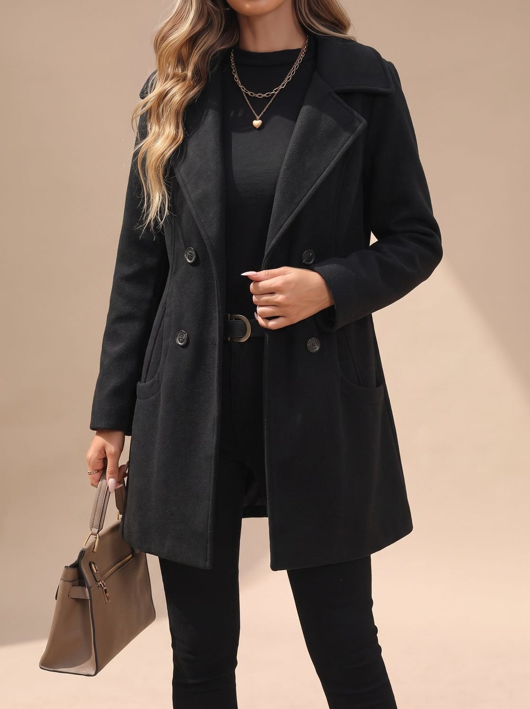 Women's Double-Breasted Notch-Lapel Wool-Blend Coat - Black
