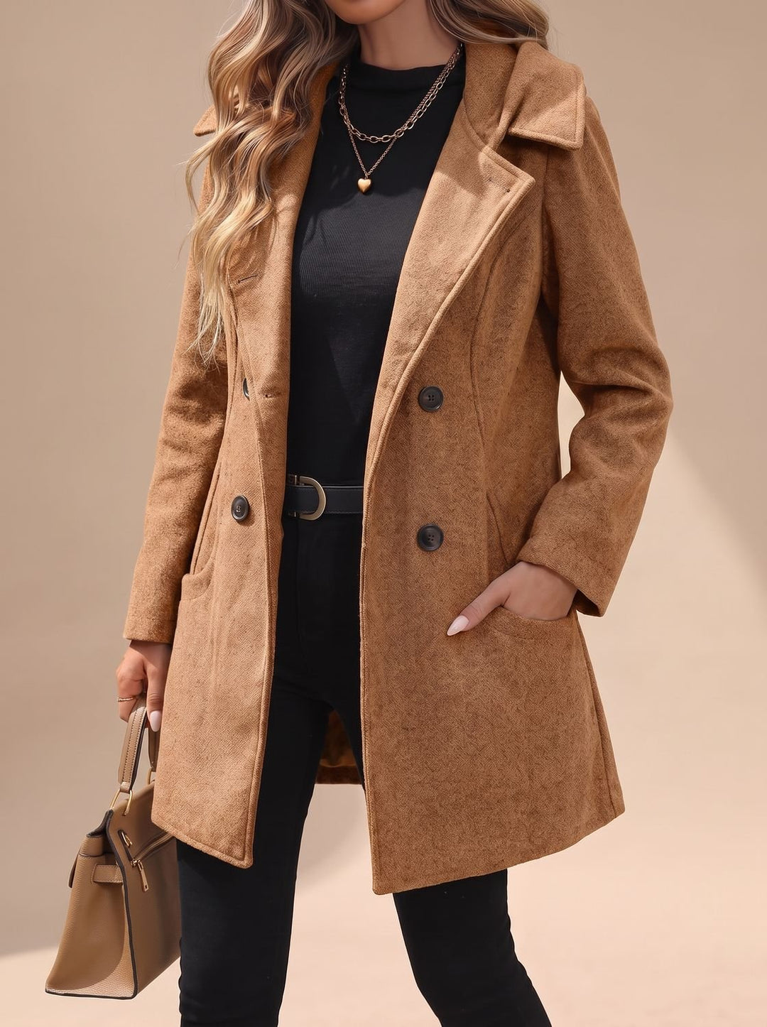 Women's Double-Breasted Notch-Lapel Wool-Blend Coat - Caramel