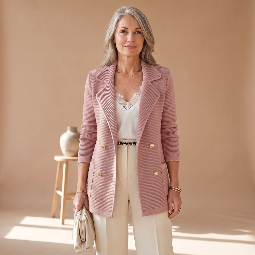 Women's Double-Breasted Notched-Lapel Ribbed Knit Blazer - Pink
