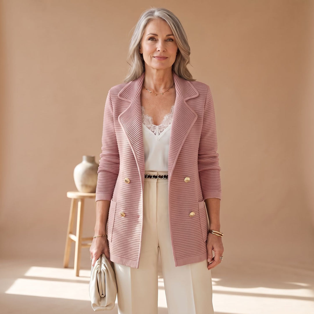 Women's Double-Breasted Notched-Lapel Ribbed Knit Blazer - Pink