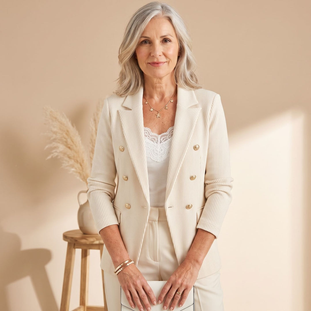 Women's Double-Breasted Notched-Lapel Ribbed Knit Blazer - Apricot