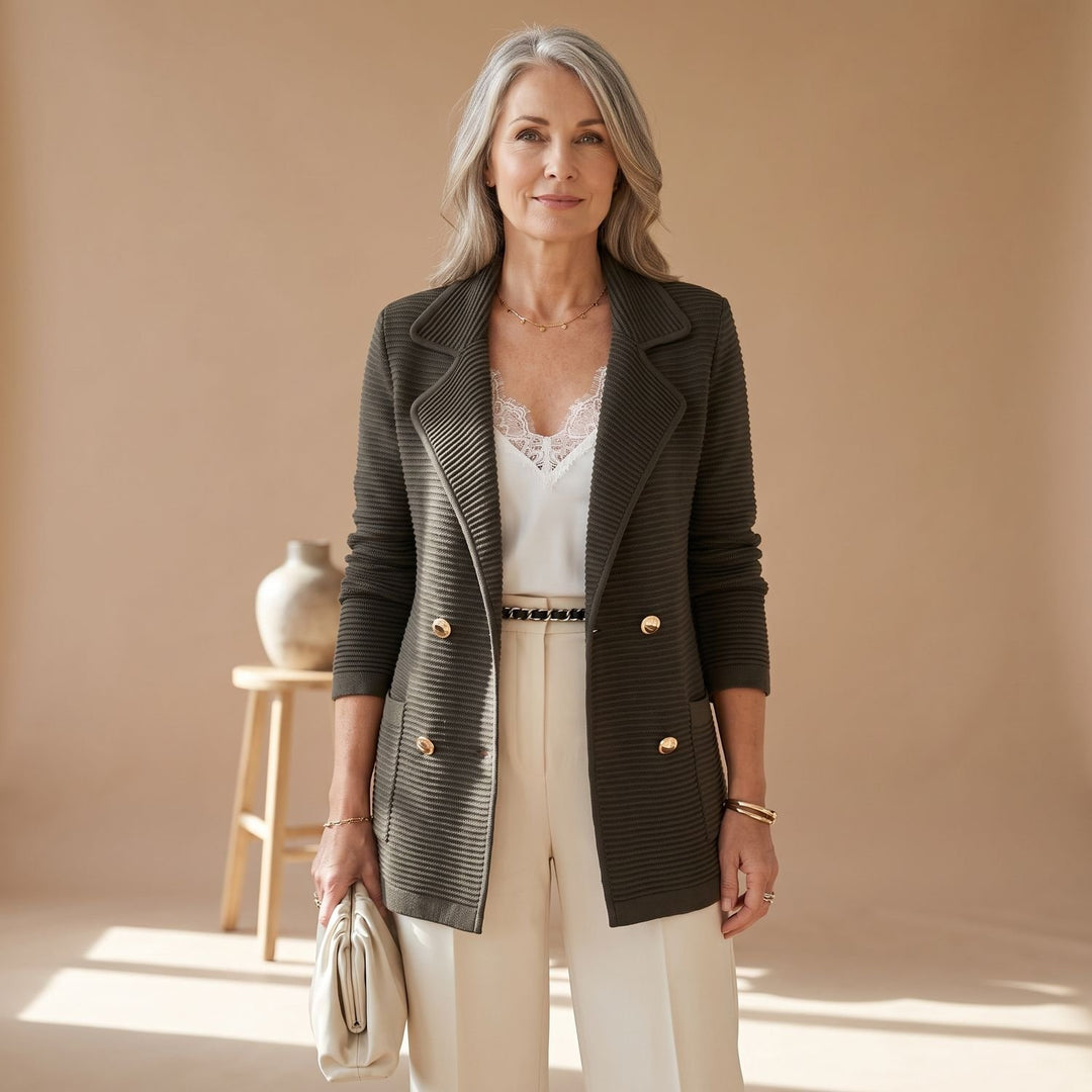 Women's Double-Breasted Notched-Lapel Ribbed Knit Blazer - Black